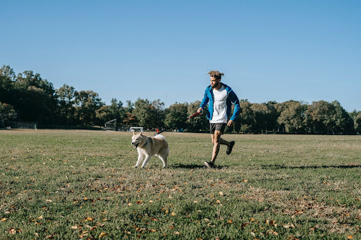 man running in the park with his dog.