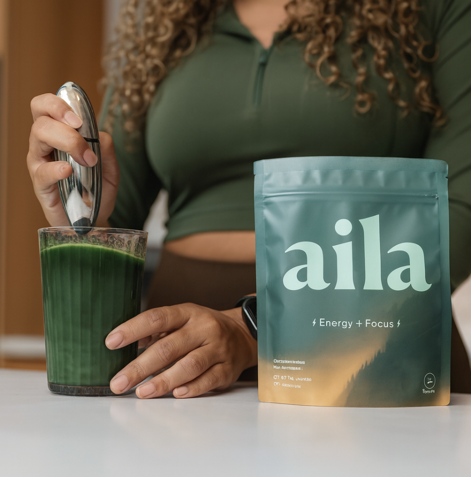 "Woman drinking Aila matcha energy drink"
